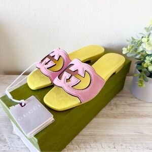 New Gucci Interlocking G leather suede slide sandals size 36.5, US 6.5